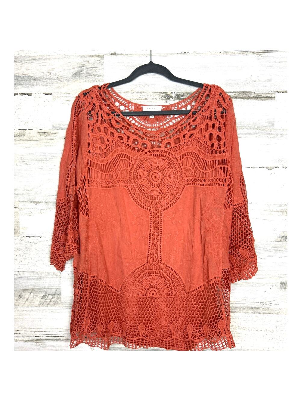 Adiva Womens 1X Orange Crochet Boho Lightweight Summer Blouse Top NEW